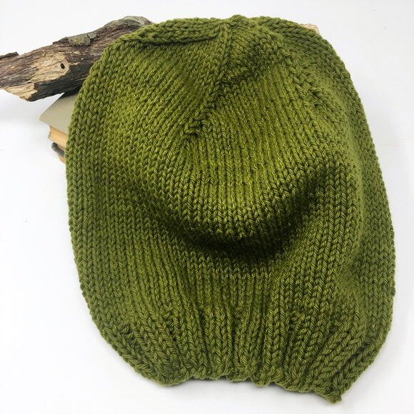 Handknitted Cotton Avocado Green Stretchable Ribbed Edge Slouchy Hat - Picture 2 of 16